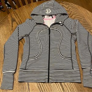 Lululemon Black and White Striped Scuba Hoodie with Pink Accents